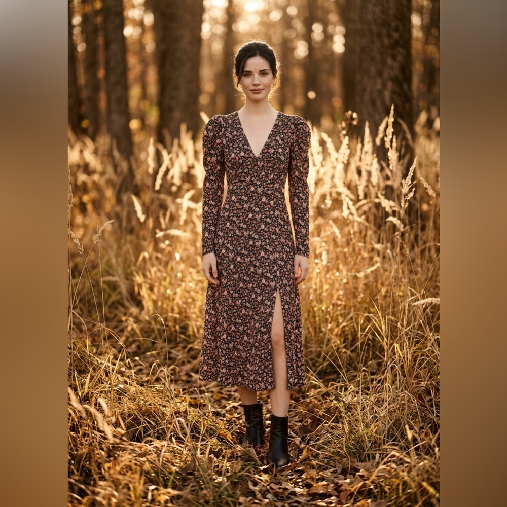 ASTR the Label V-Neck Floral Covered Button Shabby Chic Midi Dress